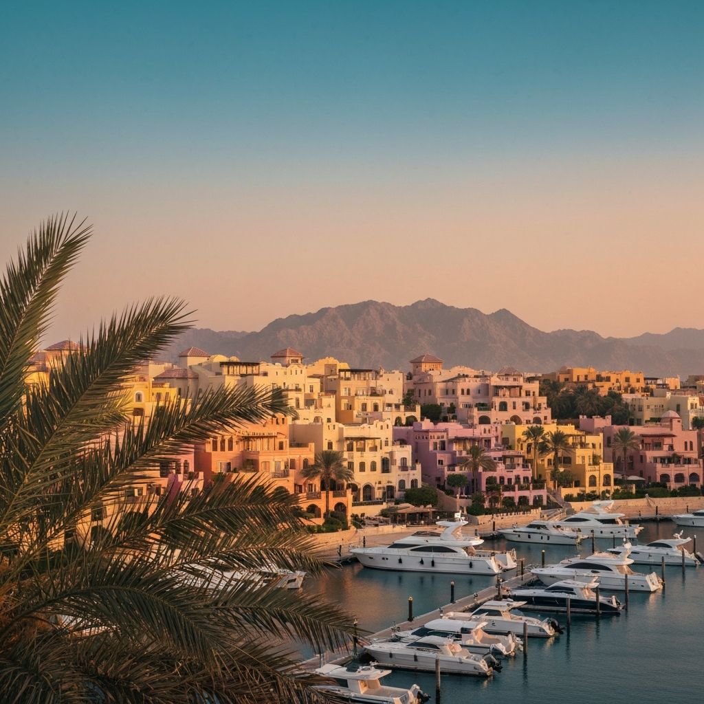 Editorial portrait of Al Hamra Village skyline at golden hour, Ras Al Khaimah